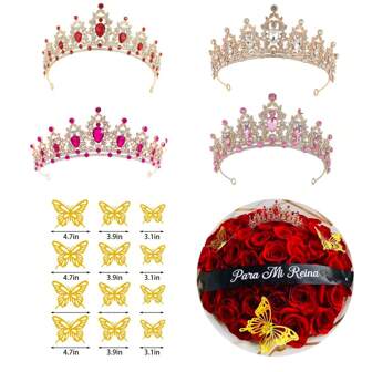 13Pcs Flower Package: 12Pcs 3D Hollow Butterfly Decors For Flower Wall Decoration, 1Pc Metallic Bridal Crown For Flower Party & Wedding Decoration Valentines