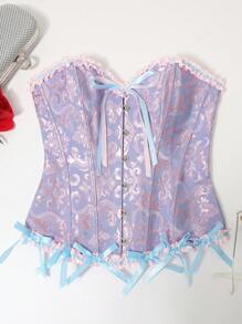 Bustieră strânsă cu șireturi pentru femei, model pentru corp, top corset cu decor cu fundiță cu modele florale, potrivit pentru purtare cu o rochie