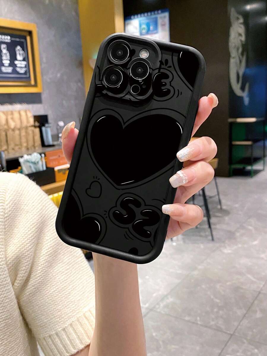 简约黑色喷砂防指纹心形线条手机壳,兼容/三星/小米/红米/Infinix/vivo/Oppo等品牌手机 - 黑色 - 查看 1
