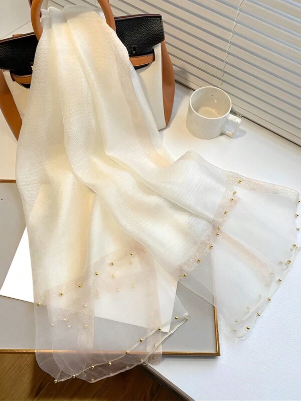 1pc Women's Solid Color White Faux Pearl Decorated Faux Cashmere & Silk & Wool Blend Pashmina Scarf, Elegant & Graceful Double Layered Beaded Shawl Or Scarf For Men, Suitable For Spring, Summer, Autumn, Winter, Can Be Worn As A Wrap Or Scarf, Great Gift For Friends & Family, Perfect For Daily Wear Or Travel & Vacation, Sunscreen & Warm Shawl Accessory Accessories Women