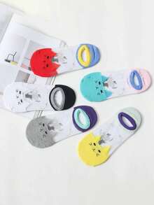 5双随机搭配玻璃丝透明隐形船袜卡通可爱猫咪水晶短袜底 - 彩色 - 查看 4