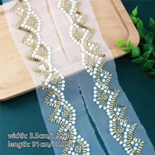1码金色仿珍珠串珠刺绣蕾丝花边，适用于婚纱装饰、帽子、包包、裙子、DIY配饰 - 彩色 - 查看 15