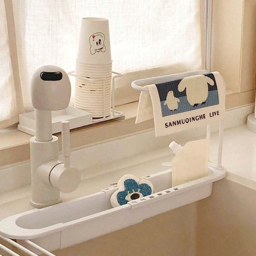 1入組擦碗布和海棉架，可調節塑料水槽排水架，可延伸節省空間的儲物籃，設有擦碗布架，適用於廚房和浴室，家居組織和儲物，家居配件，廚房，夏日沙灘派對，食品，露營，物品管理，房間裝飾，廚房用品。 - 白色 - 查看 1