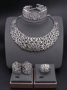 1 Set Vintage Gold Crystal Hollow Design Necklace, Earrings, Bracelet, Ring Jewelry Set, Suitable For Women Wedding Bride, Banquet, Party, Daily Wear, Gift