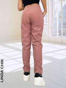 Pantalones Casuales Largos De Ajuste Holgado Para Mujeres De Diseño De Cordón De Cintura Elástica En Color Sólido - Rosa - Ver 2