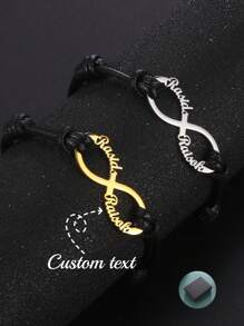 1入組個性化不銹鋼無限蠟線可調節手鍊，可客製化名字和日期，男女皆宜時尚珠寶紀念日禮物 - 銀色 - 查看 1