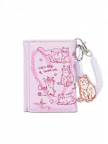 卡通貓咪印花短款三摺錢包，小巧手拿包，信用卡套附貓咪吊飾和透明手機繩