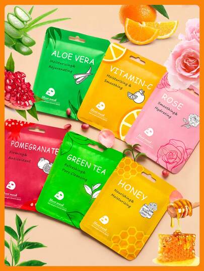 Kimsly 6pcs Mixed Aloe Vera Vitamin C Rose Pomegranate Green Tea Honry Hyaluronic Acid Firming Moisturizing Lifting Rejuvenating Cleansing Hydrating & Brighten Facial Mask Deep Repairing Face Sheet Mask Mild Non Irritating Lifting & Firming Soothing & Repairing Whitening Minimize Pores Brightening After-Sun Care Anti-Wrinkle With Face Serum Plant Mask Series For Women & Girl For All Skin Types Skin Repair Facial Care Skin Care