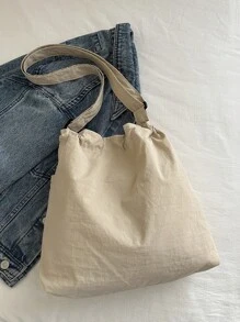 Geantă din material lejeră, de mare capacitate, elegantă, cu închidere cu șnur, curea lată și design de toc pentru școală, navetă și cumpărături