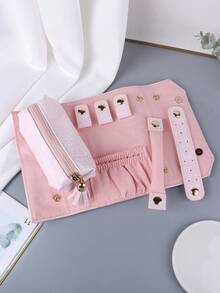 Multi-Functional Portable Jewelry Clutch Bag With Crocodile Texture Velvet Cloth, Jewelry Box Roll, One Piece - Pink - View 8
