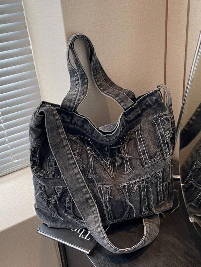Minimalist Style Raw Edge Letter Design Jeans Canvas Tote Bag, Solid Color Large Capacity Shoulder Bag, Suitable For Women's Daily Use, Work Commuting School Tote Bag, School Book Bag, Portable, Foldable, Business Casual, Suitable For Teen Girls Women College Students, Teacher, Rookies & White-Collar Workers College, Vacation, Beach, Holiday, Shopping, Preppy Book Bag For Book Week, Fashionable Tote Bag With Zipper, Perfect For Cow Girl