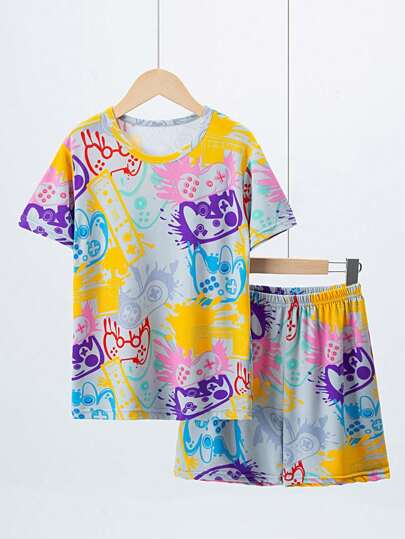 Young Boy's 2-Piece Home Outfit With Game Controller Printed Short Sleeve Top And Shorts