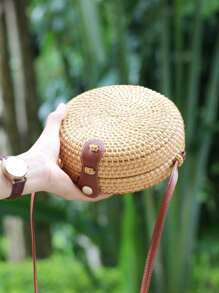 迷你藤编圆形手工编织草编包，复古风格斜挎包，女士沙滩箱式钱包，沙滩必需品，沙滩必需品，沙滩用品和夏季必需品，节日必需品，非常适合旅行、度假、假日和海滩 - 棕色 - 查看 2