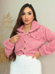 Women's Teddy Coat Short Sheepskin With Button Winter Fashion Super Shipping !! - 乾枯玫瑰色 - 查看 3