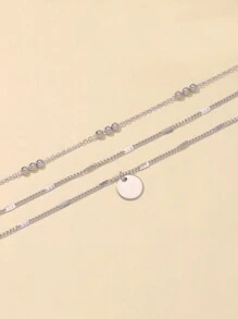 2pcs Multi-Layer Round Disc Pendant Beaded Necklace For Women, Gold Tone (Random Bead Quantity) - Silver - View 3