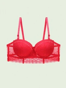 Women's Solid Color Lace Half Cup Push-Up Bra With Underwire, Lingerie Bra
