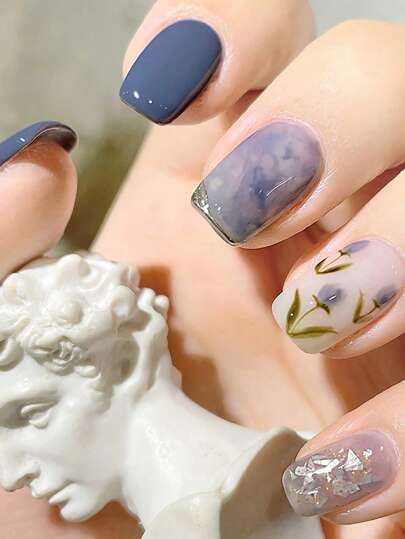 somoving 24 piezas de uñas postizas cuadradas y cortas, uñas falsas teñidas con tinte azul tipo halo orquídea, juego completo de uñas con 1 lima y 1 gel de gelatina, set de uñas que realza el encanto de las yemas de  dedos, suministros para uñas