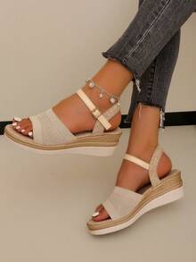 時尚歐美風格加厚底楔跟軟底涼鞋女款，大尺碼36-43，2024年新款夏季透氣女士空洞高跟鞋，帶扣和尖頭 - 米色 - 查看 4