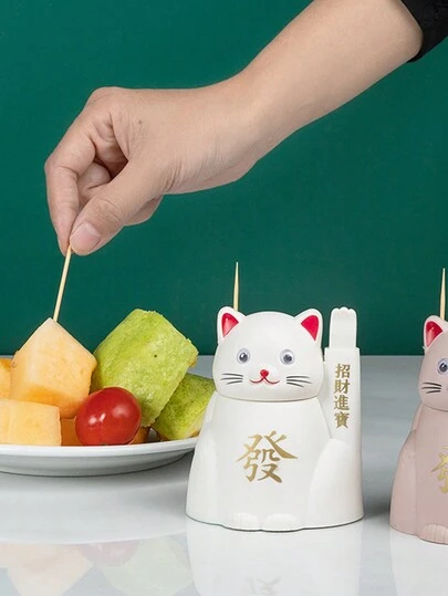 1入組卡通招財貓牙籤筒，風自動彈出式牙籤盒，創意家居牙籤收納盒