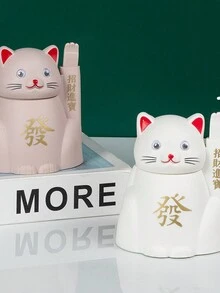 1入組卡通招財貓牙籤筒，風自動彈出式牙籤盒，創意家居牙籤收納盒