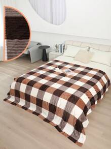 Soft Striped Double Blanket With Colorful Checkered Print - Chocolate Café Americano - View 1