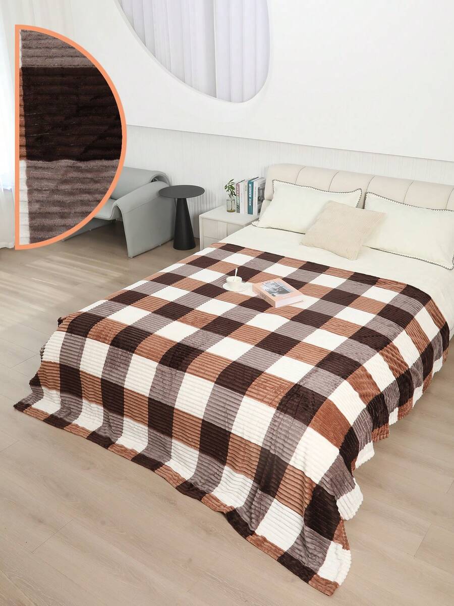 Soft Striped Double Blanket With Colorful Checkered Print - Chocolate Café Americano - View 1