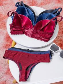 Sujetador Set Copa B De 3 Piezas De PoliPiel Con Encaje Lateral  Y Moño Tirantes Ajustables Y 3Piezas Cacheteros Unitalla De Encaje Lateral Y PoliPiel Con Moño Encaje - Burdeos - Ver 5