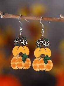 Cercei de Halloween/Ziua Recunoștinței/Recolta pentru femei, cu flori de leopard, dovleac, accesorii vintage pentru urechi din lemn cu două fețe, cadou de petrecere