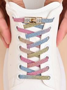 1 对金色水钻鞋带扣，免系带鞋带扣，适用于男女运动鞋、休闲鞋的弹性鞋带