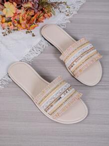 1 Pair Apricot Color Plus Size Teenager/Youth Colorful Fabric Patchwork Glitter Tassel Fashion Peep Toe Flat Slip-On Sandals, Comfortable Casual Roman Slippers For Family, Indoor/Outdoor, Summer - Apricot - View 6