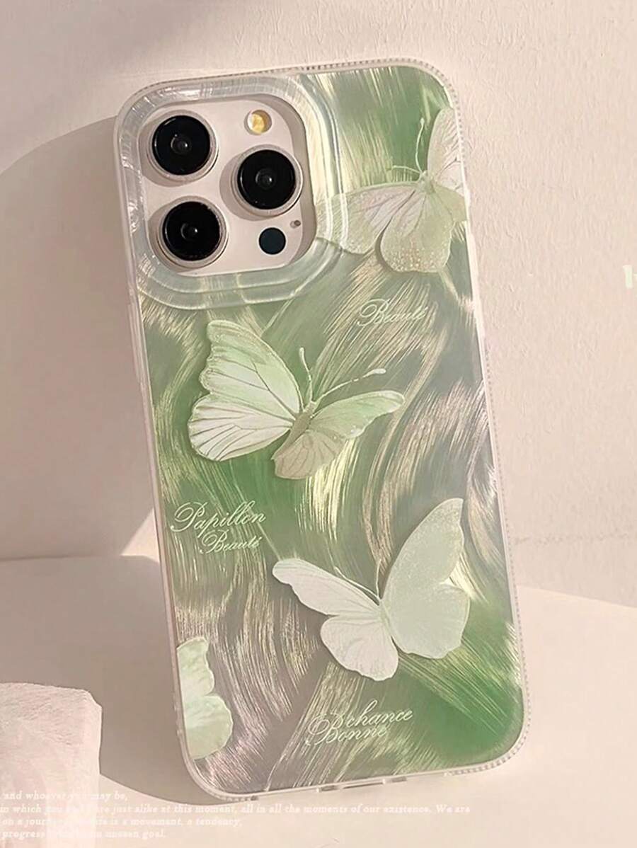 奢华渐变绿蝴蝶彩绘羽毛面纱激光保护手机壳适用于 Apple 13/13 Pro/13 Pro Max/14 Pro Max,带有彩色极光闪粉烟花;带链兼容 11 和 12 系列,防摔全覆盖手机壳适用于 15 Promax 防水防震防刮 - 彩色 - 查看 1