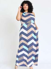 Halter Sleeveless Ditsy Floral Vacation Cruise Multi Chevron Stripe Yellow, Navy And Mint Sleeveless Maxi Dress With Pocket | S-3X - 薄荷藍 - 查看 6