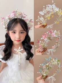 1 pieza Cinta de cabeza linda con estilo de princesa de hadas para niña, diadema de corona de mariposa y flor de red de estilo fresco y campestre, perfecta para dama de honor/boda/actuación en el escenario/viaje/vacaciones en la playa, etc. como decoración del cabello, también es un buen regalo