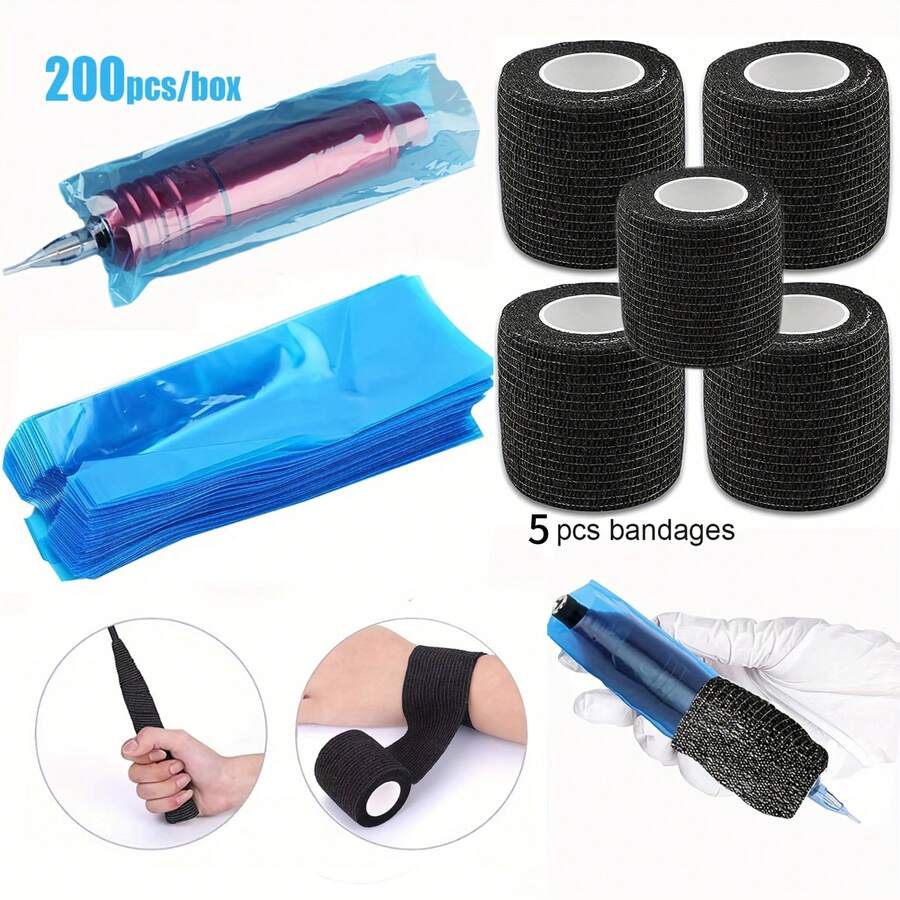 200个专业纹身笔袋,防漏 + 5条自粘弹性绷带,用于运动、手腕和脚踝保护(尺寸:2英寸 x 16.5英尺,5.08厘米 x 5.03米) - 彩色 - 查看 1