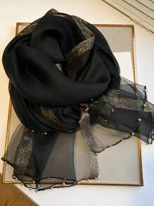 A Lady's Black Soft Silk Blend Shawl With Faux Pearl Detail, Elegant And Fashionable Design, Can Be Used As Scarf And Wrap, Great For Spring, Summer, Autumn And Winter, Suitable For Daily Wear And As Gift - Black - View 1