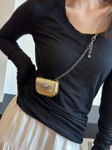 时尚简约纯色闪亮超迷你翻盖星星星球链条包、零钱包、单肩包或腰包 - 金色 - 查看 1