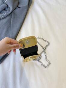 时尚简约纯色闪亮超迷你翻盖星星星球链条包、零钱包、单肩包或腰包 - 金色 - 查看 8