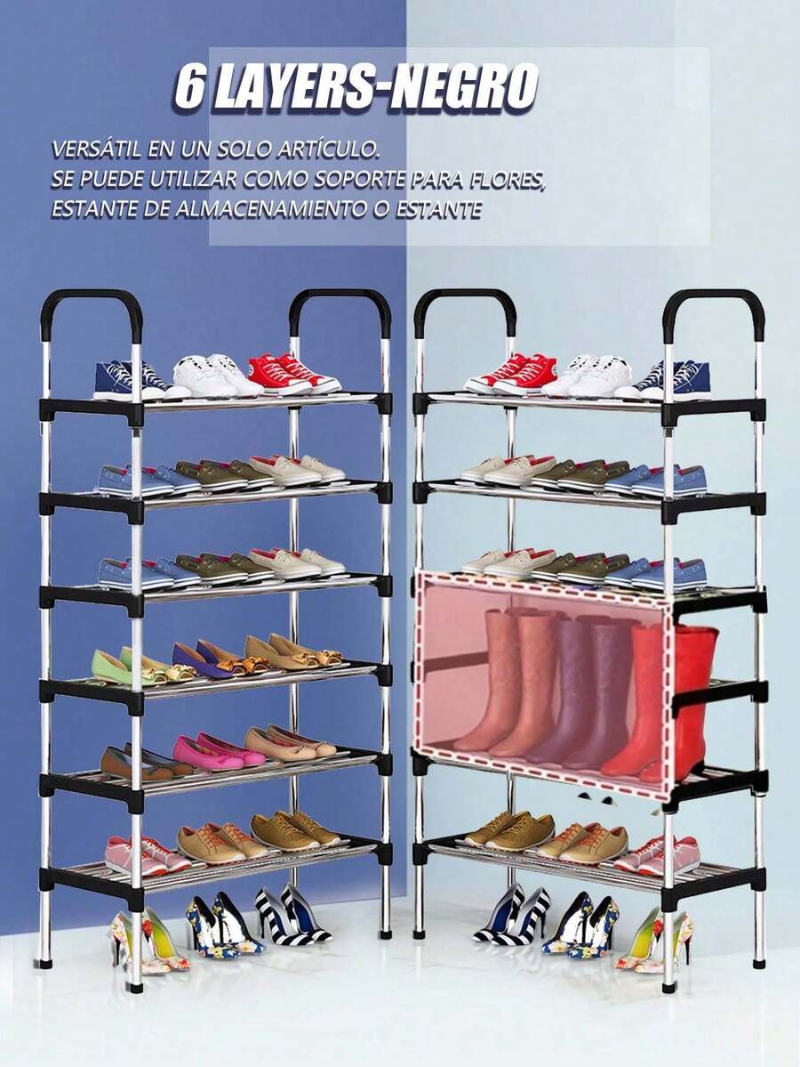 5/6 Layer Shoe Rack, Stainless Steel Shoe Rack, Simple Shoe Rack, Shoe Storage Box, Clothing Storage Cabinet, Shoe Rack With Shelf, Coat Rack Storage Cabinet, Clothes And Shoe Rack, Storage Rack, Can Hold 30 -40 Pairs Of Shoes, Suitable For Entrances And Hallways, Bedroom, Living Room - 黑與白 - 查看 1