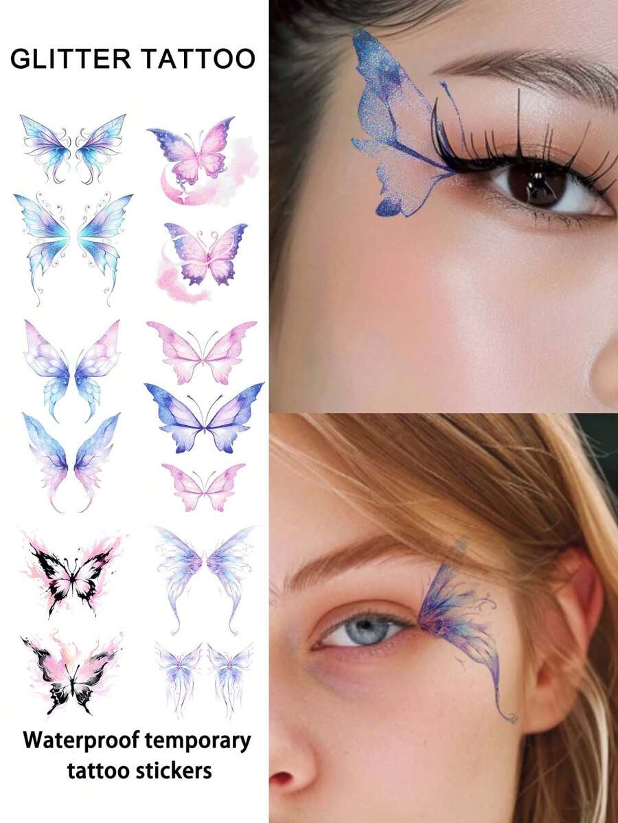 6 piezas Tatuaje temporal de mariposa con brillo Canthus, impermeable y a prueba de sudor, calcomanía facial desechable y colorida para decoración facial para mujeres en brazos, rostro, pecho, cuello, para uso en discotecas, escenarios, conciertos, aspecto de gemas faciales - Multicolor - Ver 1
