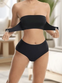 2件套无肩带无缝隐形露背无钢圈文胸，支撑性强且性感的女士内衣 - 黑色 - 查看 3