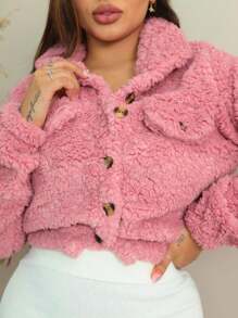 Women's Teddy Coat Short Sheepskin With Button Winter Fashion Super Shipping !! - 乾枯玫瑰色 - 查看 2