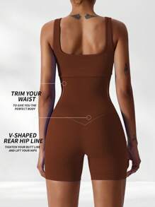 Yefecy Solid Color Ribbed Seamless Yoga Jumpsuit, Ribbed Solid Color Fashion Sports Jumpsuit, High Stretch Yoga Tight Jumpsuit, Women Sports Wear, Spring/Summer Shapewear Jumpsuit - Brown - View 3
