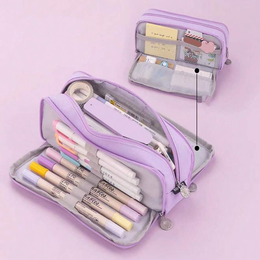 1 estojo roxo multifuncional, grande capacidade, com zíper duplo, para lápis, para escola, para mesa de estudante, para lápis, para escola