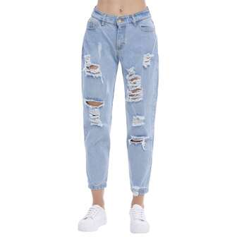 Jeans Tiro Medio, Mom Fit, Rupturas Decorativas, Largo al Tobillo, Mezclilla Rígida Premium