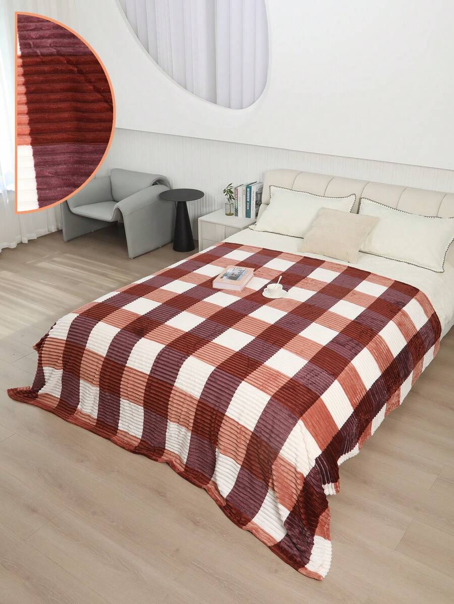 Suave Cobijas Matrimonial a Rayas con estampado de Cuadros de colores (200*220 cm) - Caoba Nítido - Ver 1