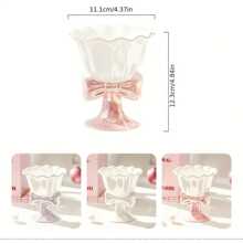 1pc 180ml/ 6oz Pink Ice Cream Cup, Japanese Bowknot Ceramic Sweet Dessert Cup, Cute And Exquisite Personalized Design & Best Gift Choice For Couple Or Her, Bow Decor Ceramic Dessert Cup, Girly Pudding Cup, Ice Cream Cup, Appetizer Cup, Tableware, Home Kitchen Accessories ﻿ - Purple - View 3