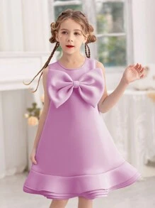 Vestido de festa sem mangas com laço para meninas, elegante vestido estilo princesa, adequado para presente de aniversário, festa, casamento, baile escolar, comemoração de feriados
