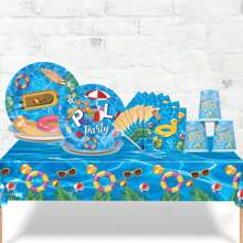 Set de vajilla para fiestas temáticas en la piscina para 10 personas que incluye platos de papel, servilletas, vasos, mantel y decoraciones para fiestas de cumpleaños - Multicolor - Ver 9