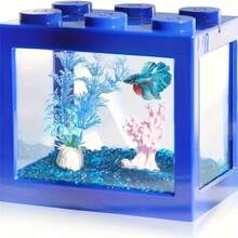 0.6加仑可叠放迷你鱼缸，透明玻璃盖和蓝色边框 - ABS塑料立方体水族箱，带过滤系统，易于清洁，节省空间，可垂直/水平放置，适合饲养斗鱼、虾、螺 - 非常适合家庭、办公室、房间 - 无需用电，小型鱼缸、小型水族箱、虾缸，桌面装饰 - 彩色 - 查看 2