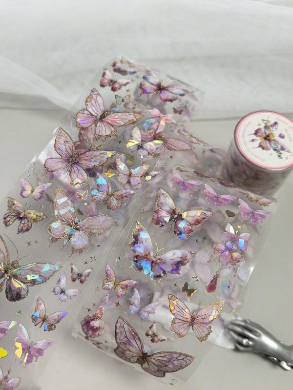 1 rouleau/1m Ruban décoratif en PET vintage doré holographique avec papillon pour scrapbooking, papeterie
